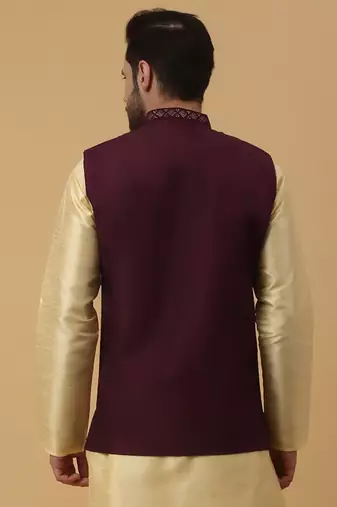 Men's Cotton Silk Sequenced Embroidered Floral Maroon Nehru Jacket
