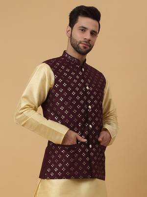 Men's Cotton Silk Sequenced Embroidered Floral Maroon Nehru Jacket 4