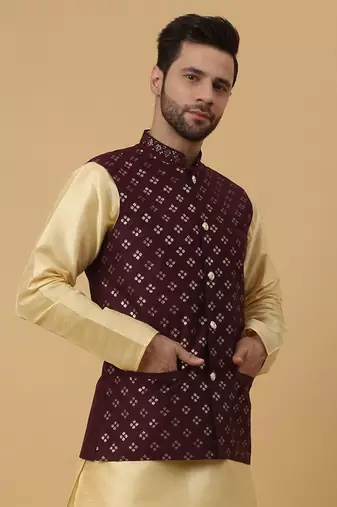 Men's Cotton Silk Sequenced Embroidered Floral Maroon Nehru Jacket