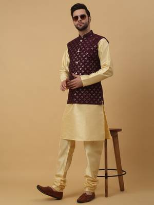Men's Cotton Silk Sequenced Embroidered Floral Maroon Nehru Jacket 5