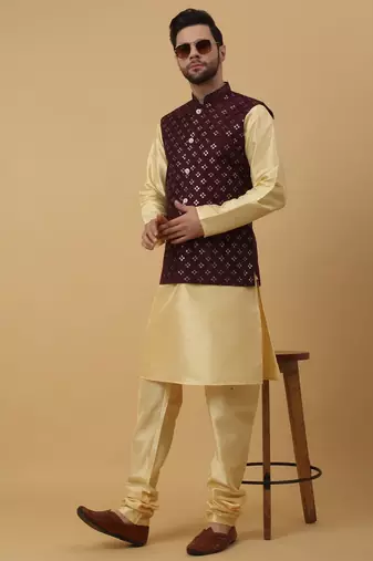 Men's Cotton Silk Sequenced Embroidered Floral Maroon Nehru Jacket