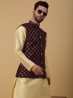 Men's Cotton Silk Sequenced Embroidered Floral Maroon Nehru Jacket 6