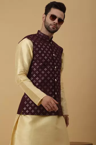 Men's Cotton Silk Sequenced Embroidered Floral Maroon Nehru Jacket