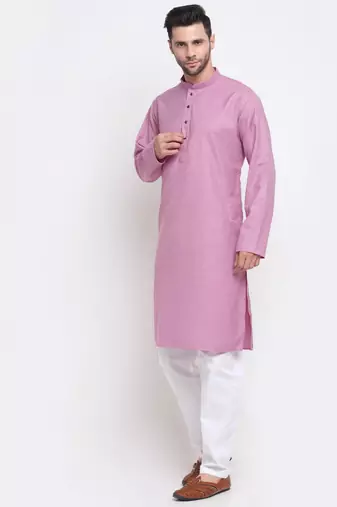 Men Cotton Check Pink Kurta with Pyjamas