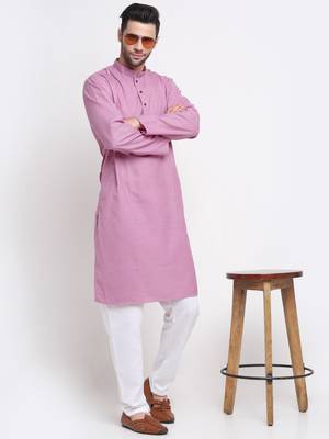Men Cotton Check Pink Kurta with Pyjamas 4