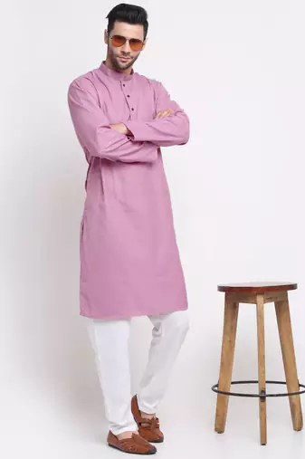 Men Cotton Check Pink Kurta with Pyjamas