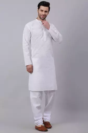 Men White Chikankari Kurta and White Churidar set