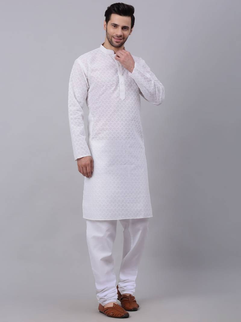 Men White Chikankari Kurta and White Churidar set