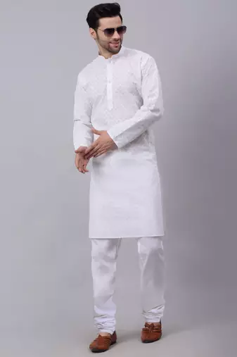 Men White Chikankari Kurta and White Churidar set
