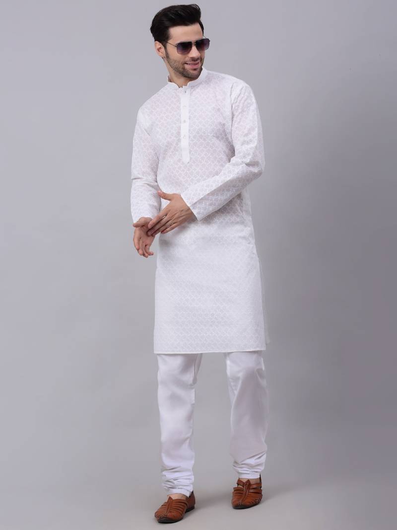 Men White Chikankari Kurta and White Churidar set