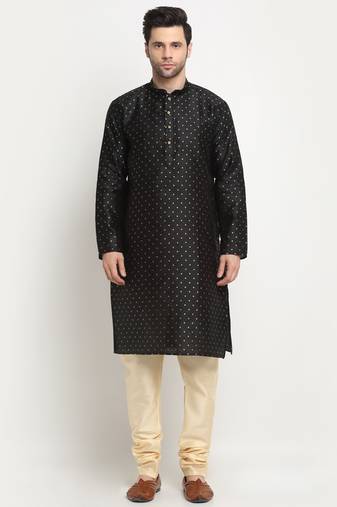 Men Silk Polka Dotted Black Kurta & Beige Churidar Set