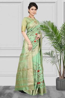 SERONA FABRICS Women's Assam Cotton Silk With Golden Border And Multicolor Thread Embroidered Saree 1