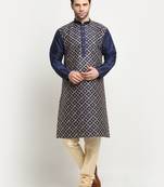 Men Silk Navy Blue Embroided Zari Kurta Kurta & Beige Churidar Set