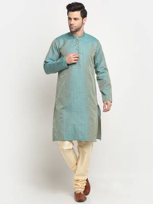 KRAFT INDIA Men Silk Woven Design Blue Kurta & Beige Churidar Set 1