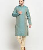 KRAFT INDIA Men Silk Woven Design Blue Kurta & Beige Churidar Set