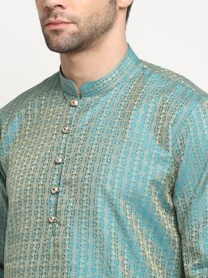 KRAFT INDIA Men Silk Woven Design Blue Kurta & Beige Churidar Set 2