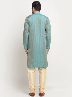 KRAFT INDIA Men Silk Woven Design Blue Kurta & Beige Churidar Set 3
