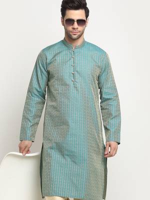 KRAFT INDIA Men Silk Woven Design Blue Kurta & Beige Churidar Set 4