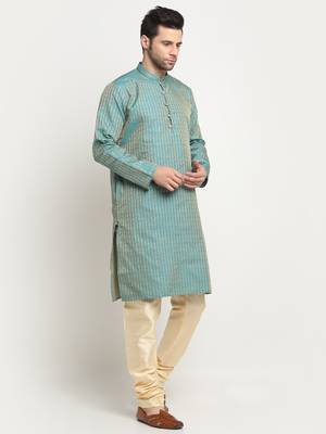KRAFT INDIA Men Silk Woven Design Blue Kurta & Beige Churidar Set 5