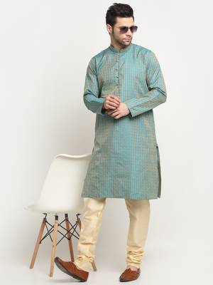 KRAFT INDIA Men Silk Woven Design Blue Kurta & Beige Churidar Set 6