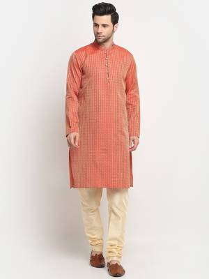 KRAFT INDIA Men Silk Woven Design Red Kurta & Beige Churidar Set 1