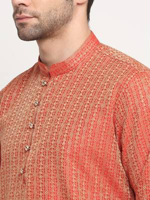 KRAFT INDIA Men Silk Woven Design Red Kurta & Beige Churidar Set 2