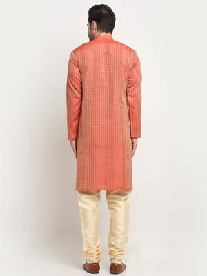 KRAFT INDIA Men Silk Woven Design Red Kurta & Beige Churidar Set 3