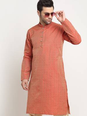 KRAFT INDIA Men Silk Woven Design Red Kurta & Beige Churidar Set 4