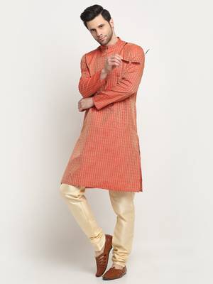 KRAFT INDIA Men Silk Woven Design Red Kurta & Beige Churidar Set 6