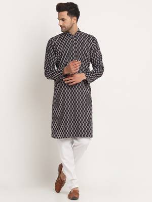 Men Cotton Jaipuri Printed Black Knee Length Kurta Pyjama Set 1