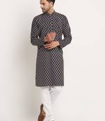 Men Cotton Jaipuri Printed Black Knee Length Kurta Pyjama Set