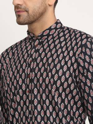 Men Cotton Jaipuri Printed Black Knee Length Kurta Pyjama Set 2