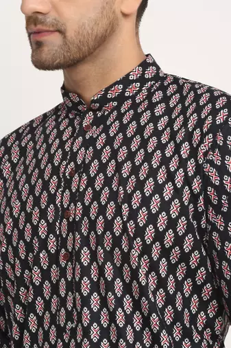 Men Cotton Jaipuri Printed Black Knee Length Kurta Pyjama Set