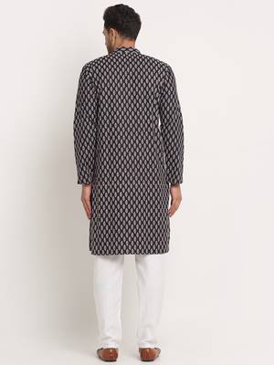 Men Cotton Jaipuri Printed Black Knee Length Kurta Pyjama Set 3