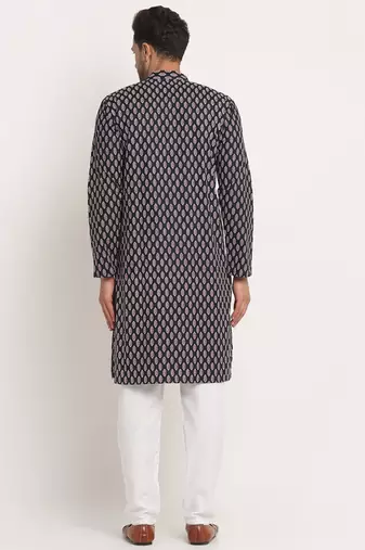 Men Cotton Jaipuri Printed Black Knee Length Kurta Pyjama Set