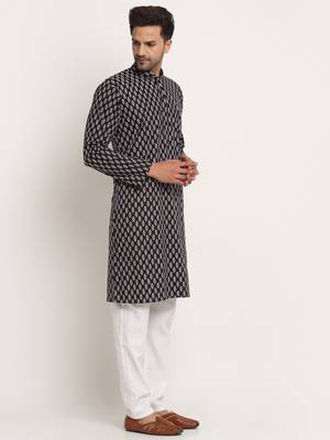 Men Cotton Jaipuri Printed Black Knee Length Kurta Pyjama Set 4