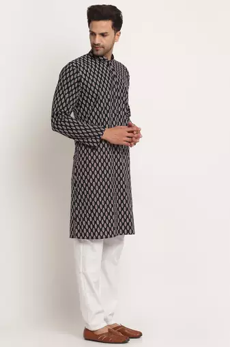 Men Cotton Jaipuri Printed Black Knee Length Kurta Pyjama Set