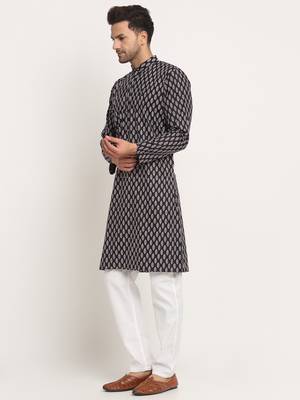 Men Cotton Jaipuri Printed Black Knee Length Kurta Pyjama Set 5