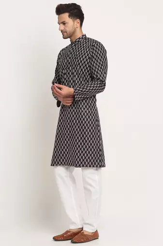 Men Cotton Jaipuri Printed Black Knee Length Kurta Pyjama Set