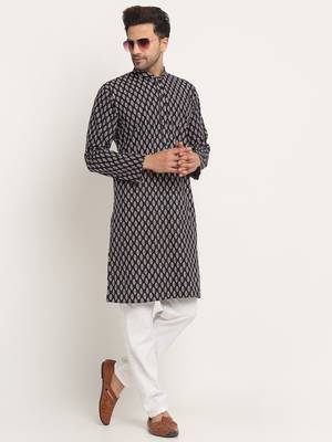 Men Cotton Jaipuri Printed Black Knee Length Kurta Pyjama Set 7