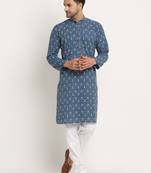 Men Cotton Jaipuri Printed Blue Knee Length Kurta Pyjama Set