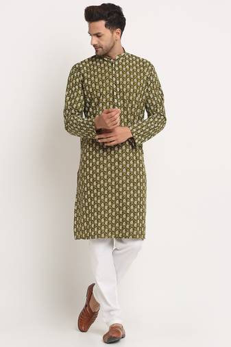 KRAFT INDIA Men Cotton Jaipuri Printed Green Knee Length Kurta Pyjama Set
