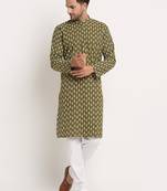 Men Cotton Jaipuri Printed Green Knee Length Kurta Pyjama Set
