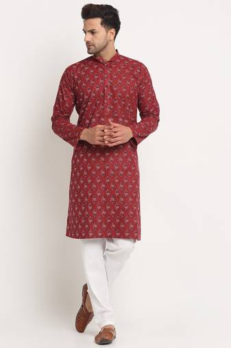 KRAFT INDIA Men Cotton Jaipuri Printed Maroon Knee Length Kurta Pyjama Set