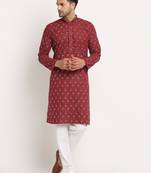 Men Cotton Jaipuri Printed Maroon Knee Length Kurta Pyjama Set
