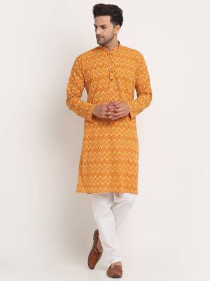 Men Cotton Jaipuri Printed Yellow Knee Length Kurta Pyjama Set 1
