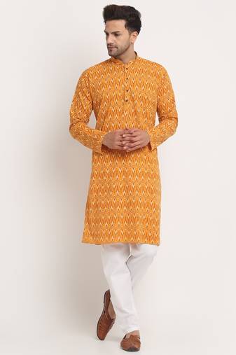 Men Cotton Jaipuri Printed Yellow Knee Length Kurta Pyjama Set
