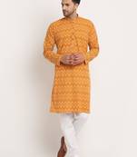 Men Cotton Jaipuri Printed Yellow Knee Length Kurta Pyjama Set