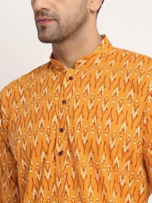 Men Cotton Jaipuri Printed Yellow Knee Length Kurta Pyjama Set 2