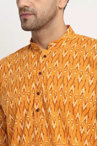 Men Cotton Jaipuri Printed Yellow Knee Length Kurta Pyjama Set